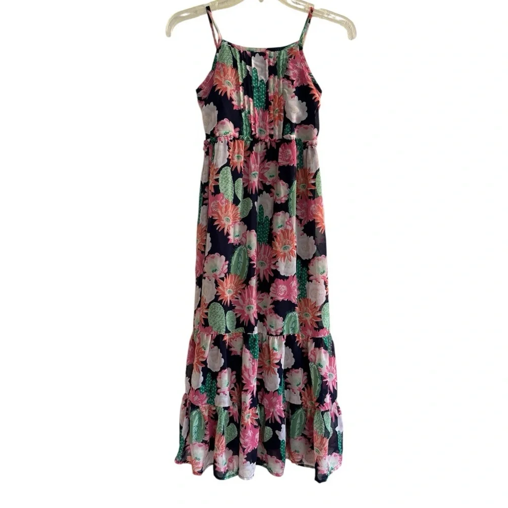 Place Maxi Smocked Dress Cactus Bloom Floral Green Pink Spaghetti Straps Girls L